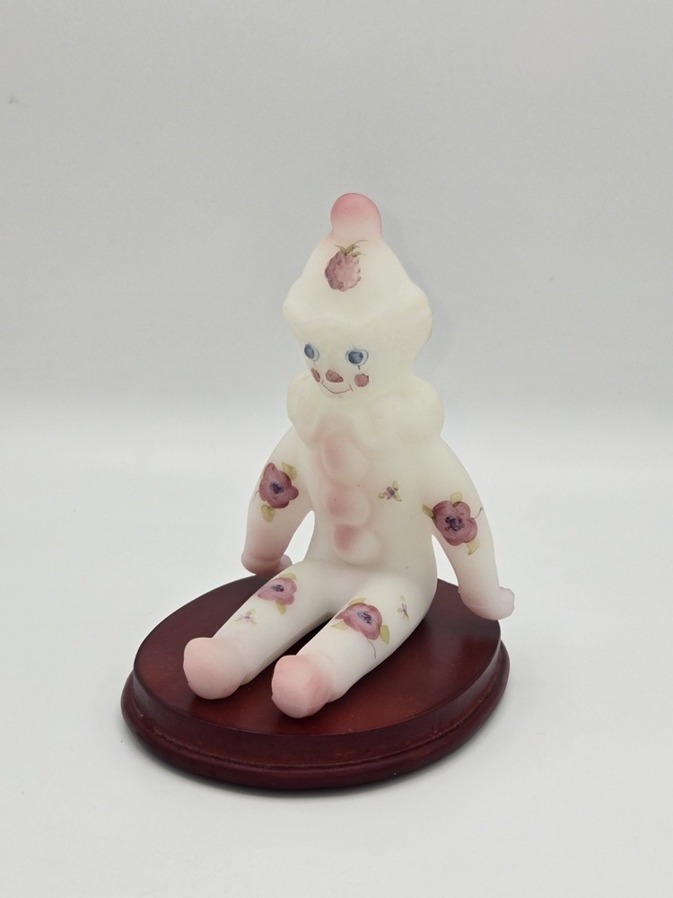 Fenton Art Glass Hand-Painted Berries Blossoms Sitting Clown with Stand
