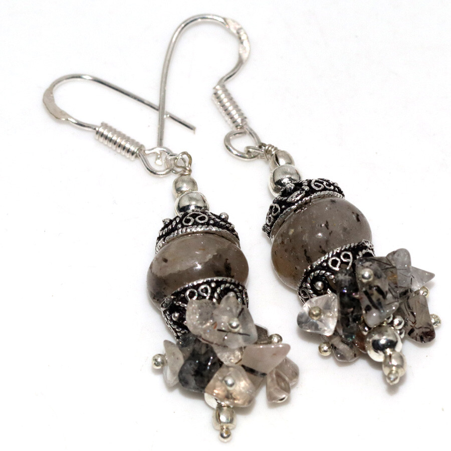 925 Silver Plated Beaded Natural Black Rutile Earrings Size 2.2