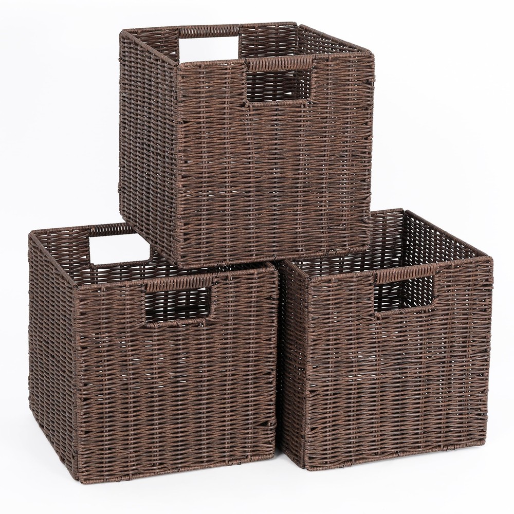 Brown Wicker Storage Basket, 10.5x10.5 Cube Woven Wicker Storage Basket for S...