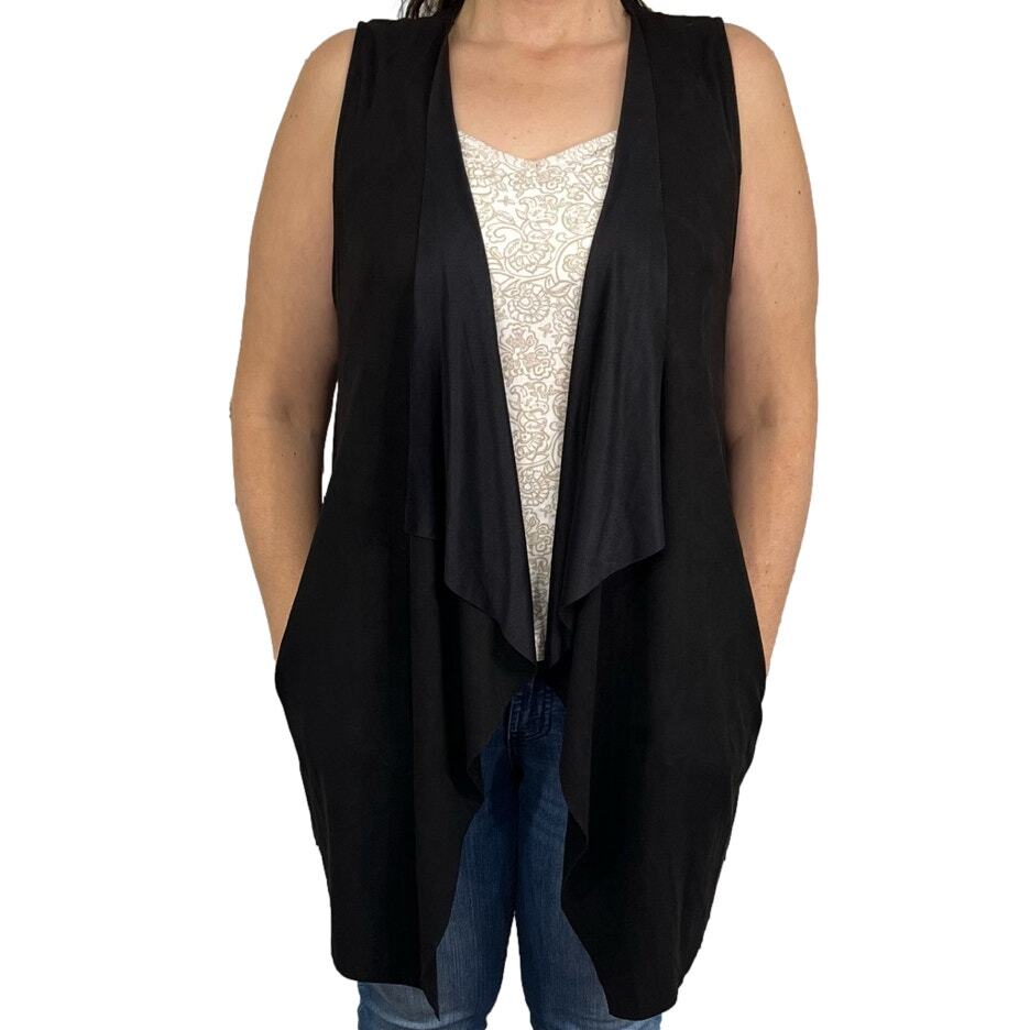 Umgee Black Open Front Sleeveless Asymmetrical Waterfall Cardigan Vest Small