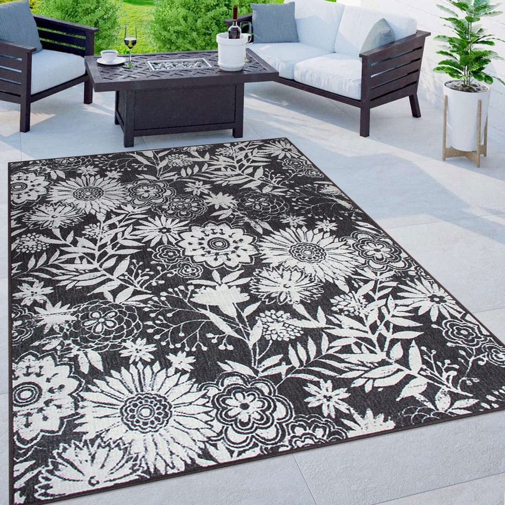 MajorcaContemporary Floral Flowers Non-Shedding Outdoor Rugs for Deck,Patio,B...
