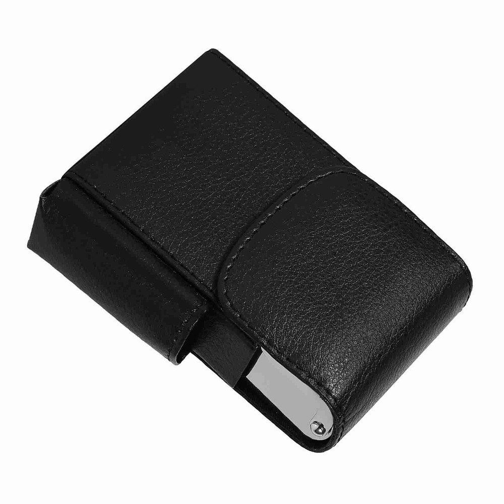 (Black)Flip Clamshell Cigarette Case PU Leather Pouch Lighter Holder Name Card