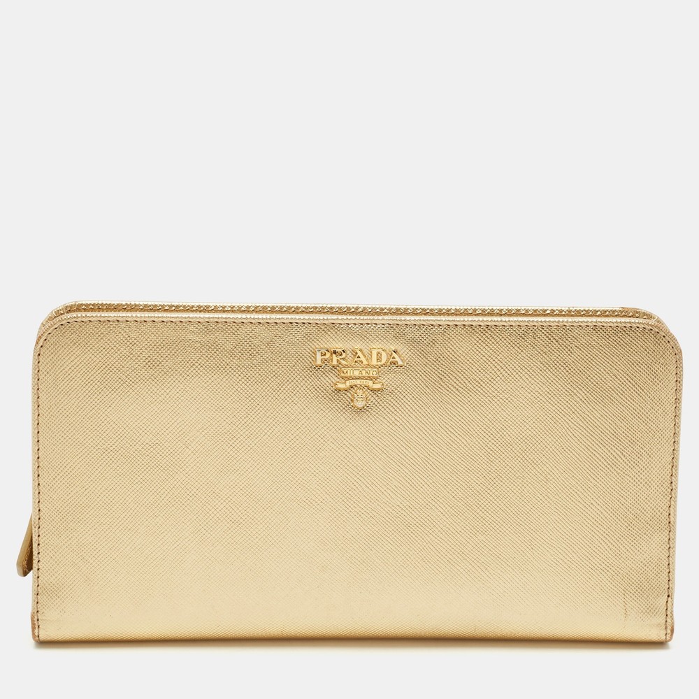 Prada Gold Saffiano Leather Bifold Wallet with Card Organizer