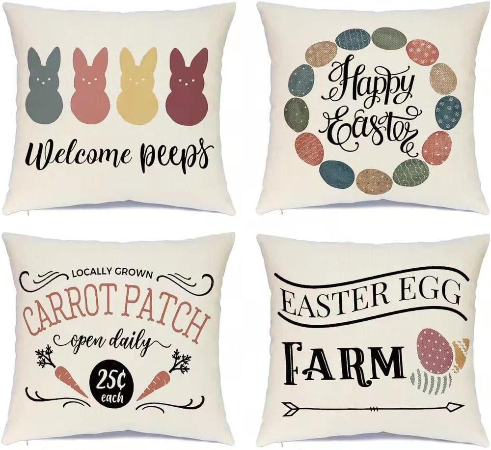 Easter Farmhouse Bunny Egg Rabbit Pillow Covers Set of 4 20x20 Inch Spring Decor