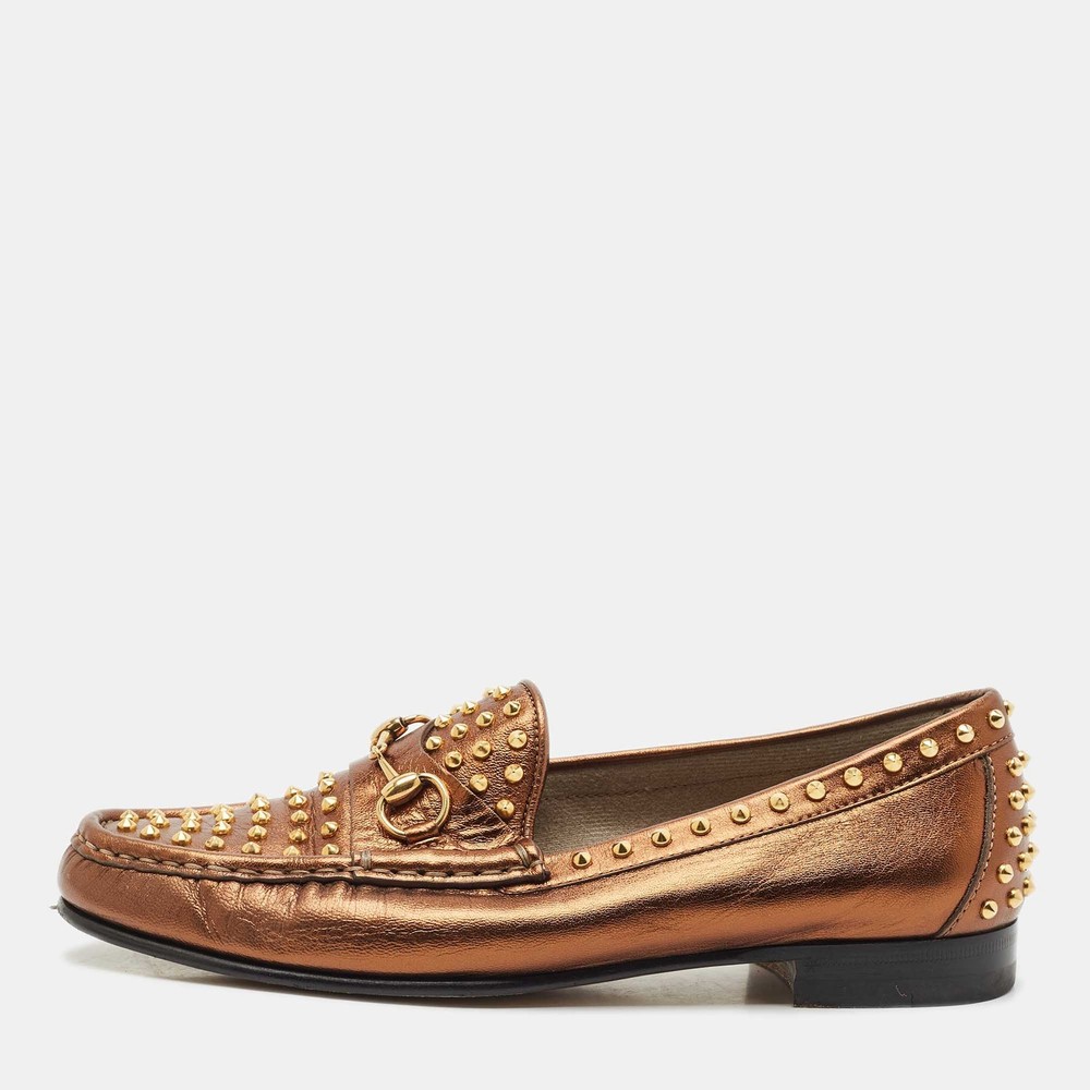 Gucci Gold Leather Spike Embellished Loafers Size 38