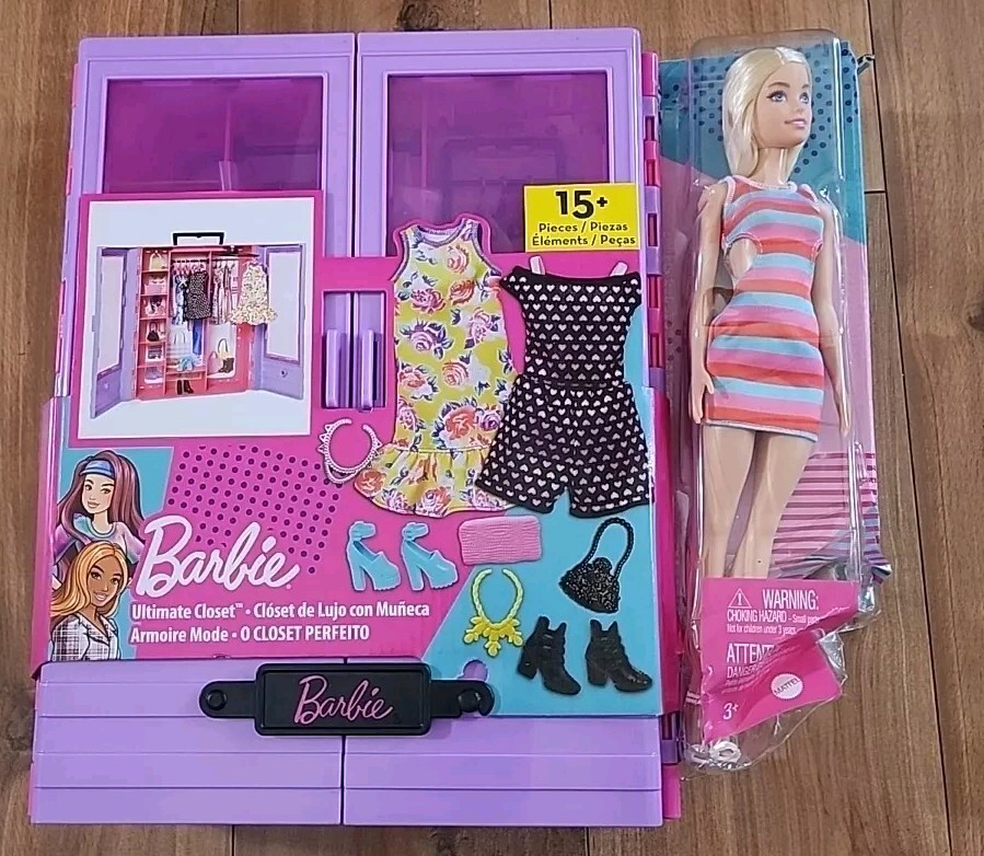 Barbie Ultimate Closet Playset Doll with Clothes Accessories & Hangers Damgd Box