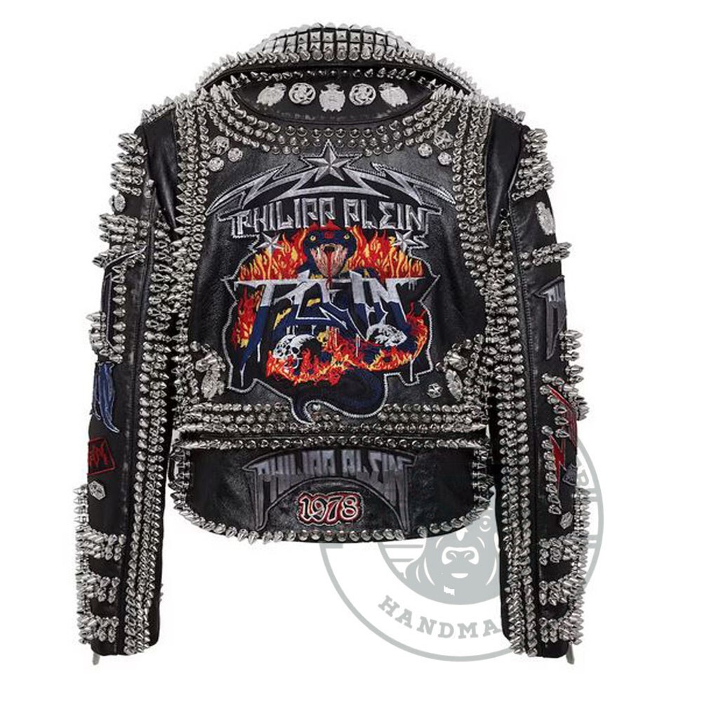 Handcrafted Mens Punk Leather Jacket with Spiked Studs and Patches  
