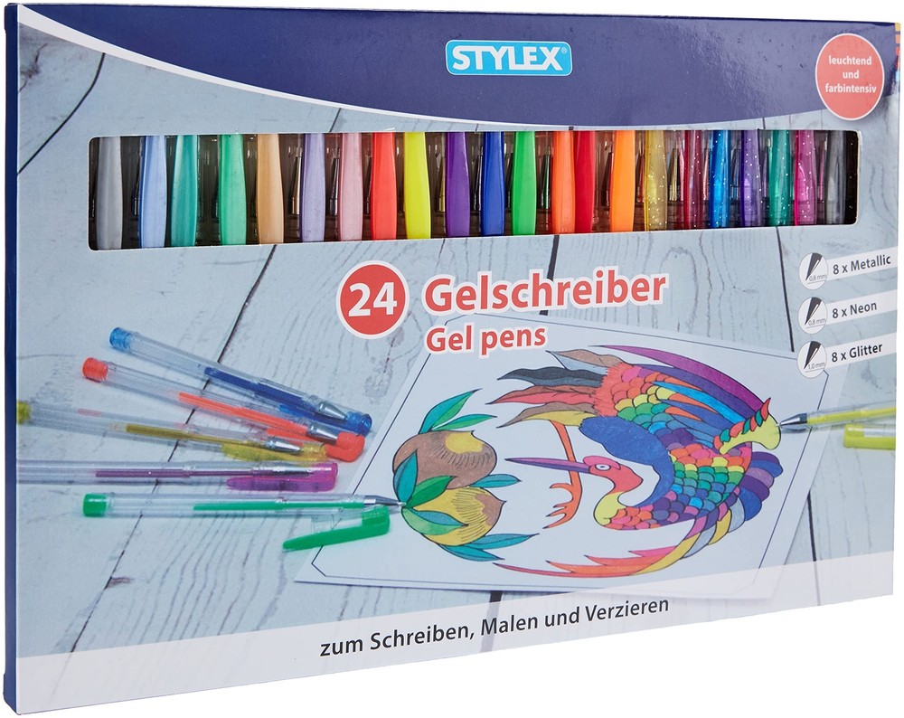 Stylex 43834 Gel Pen Set 24 Gel Pens Assorted 8 Metallic Colours 8 Neon Colours