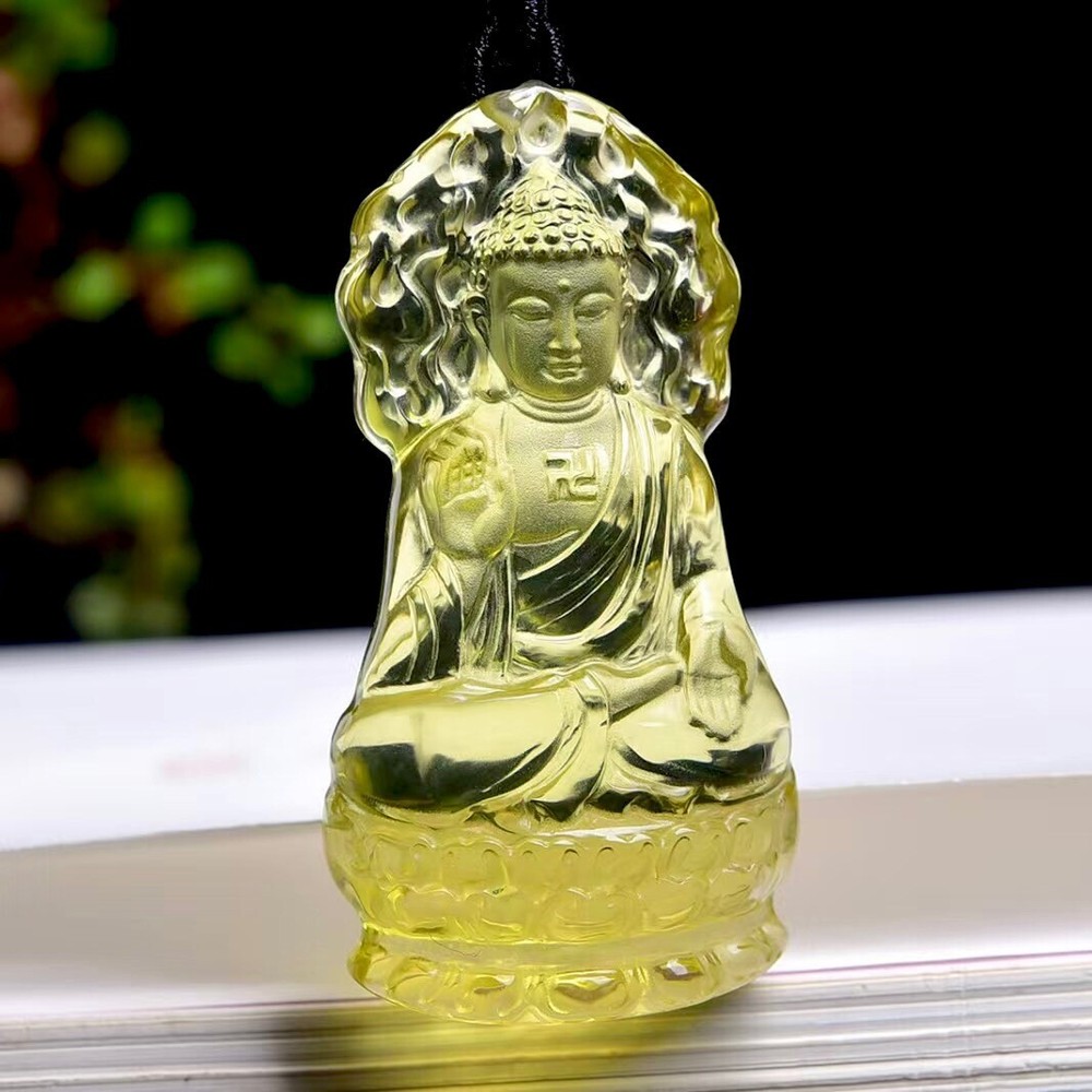 Natural Citrine Quartz Carved Crystal Amitabha Sakyamuni Necklace AAAAA