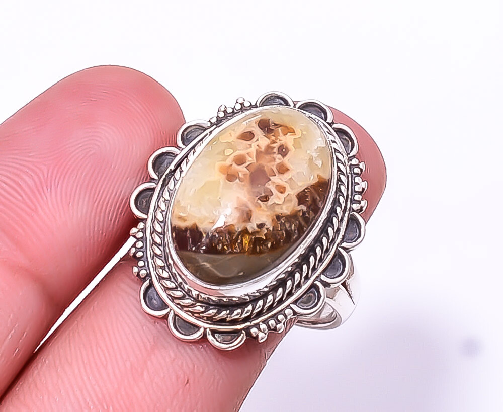 Natural Septarian Stone Fine Art Oxidised 925 Sterling Silver Ring S.8.5 R5