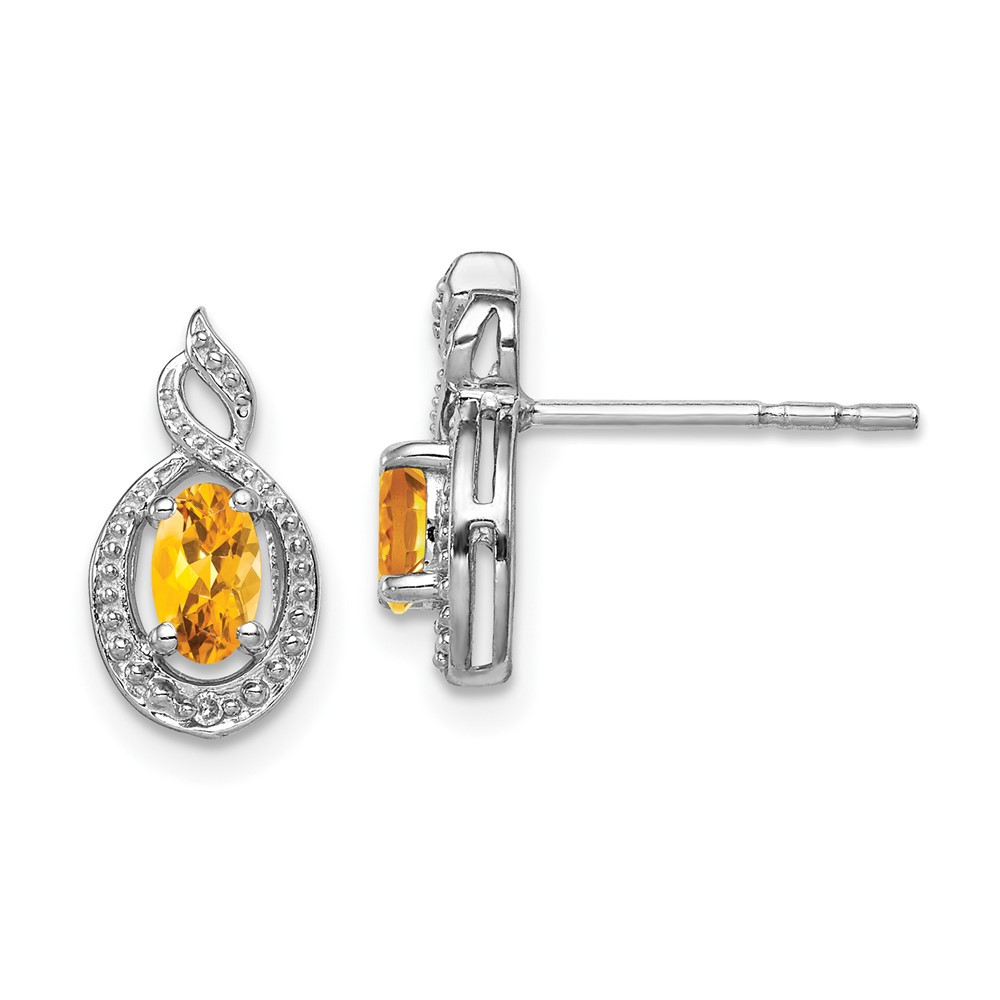 Sterling Silver Rhodium Citrine Diamond Stud Earrings 1.46gm 13mm Length