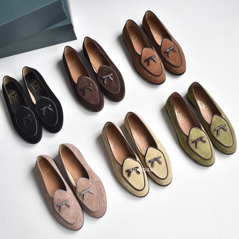 British Retro Bow Women Flats Loafers Casual Round Toe Real Suede Shoes Slip On