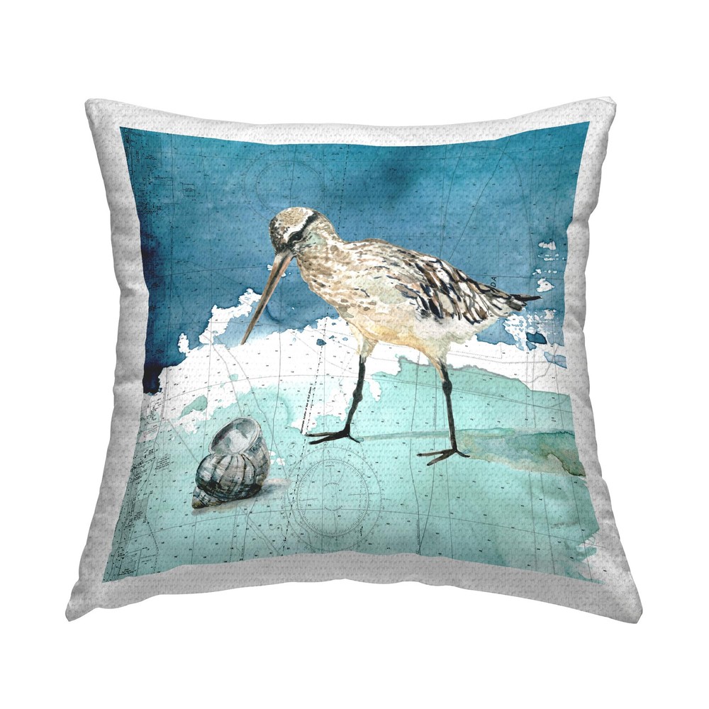 Beach Bird Round Blue Ocean Coastal Map Design Outdoor Pillow 18x18
