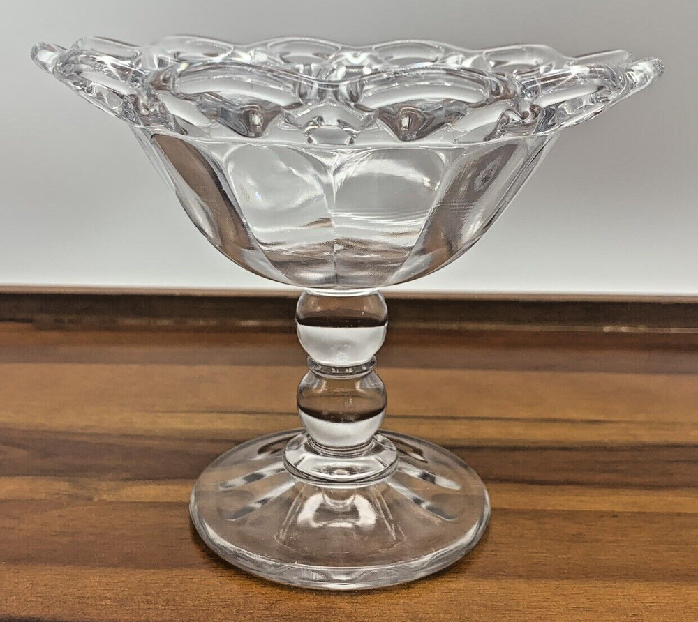 Vintage Clear Glass Pedestal Candy Dish with Open Lace Edge Bubble Stem