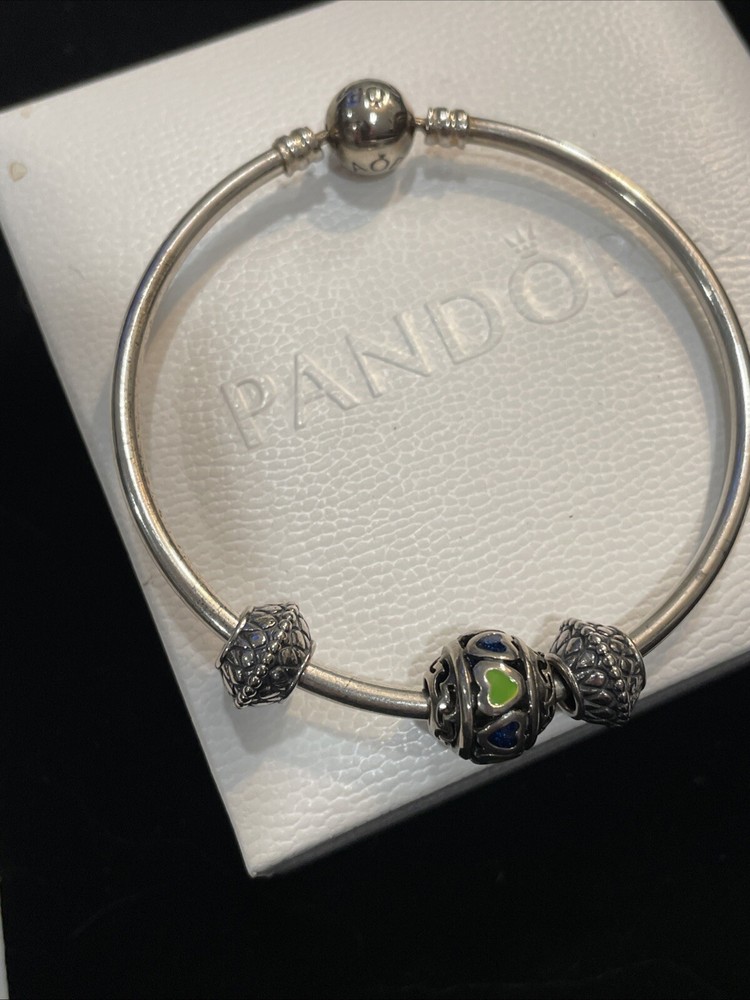 Genuine Pandora Bracelet with 3 Sterling Silver Heart Charms