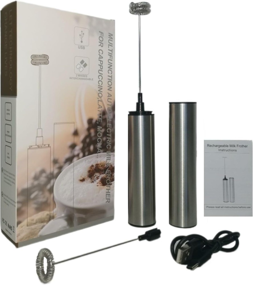 Handheld Milk Frother With Sleeve Rechargeable Foam Maker Wand Silver