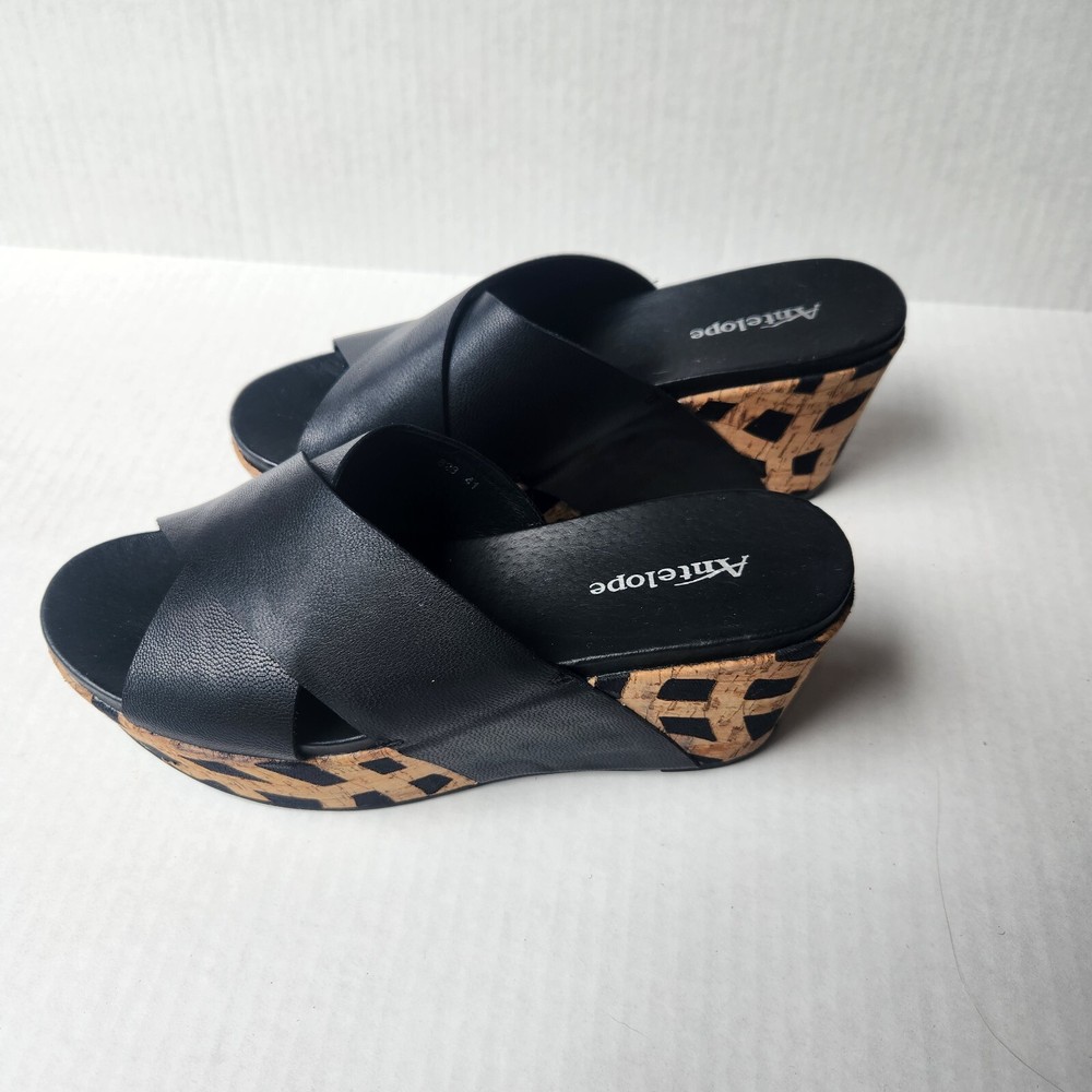 Antelope 828 Women's Black Cross Band Wedge Sandal Slide On Shoe EU 41 US 9.5