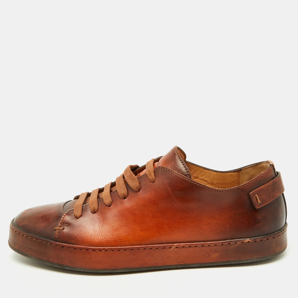 Santoni Brown Leather Lace Up Low Top Sneakers Size 40.5