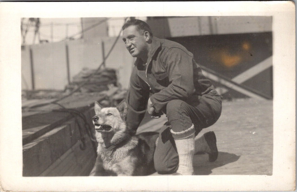 Antique RPPC Man with Dog on Ship Deck NOKO Postcard Real Photo 1910s