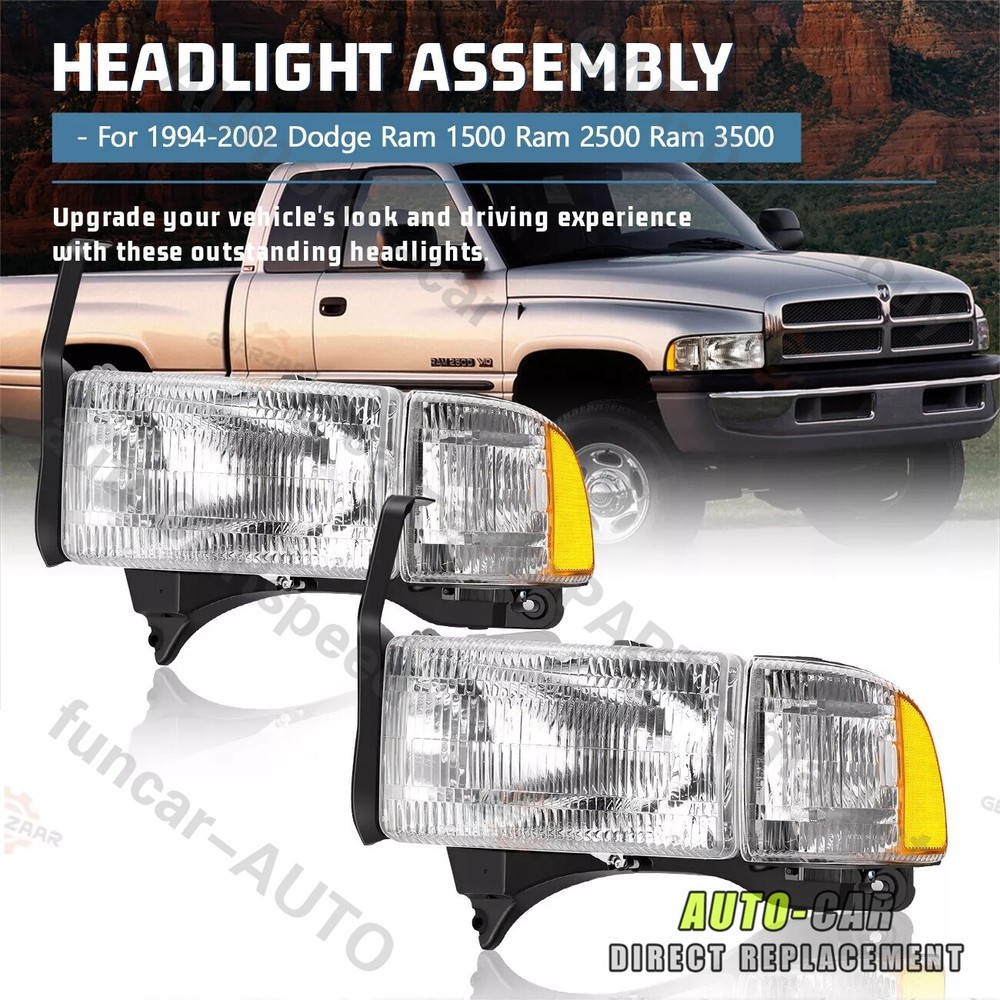 For 1994-2002 Dodge Ram 1500 94-02 2500 3500 Headlights Headlamp Pair Chrome US