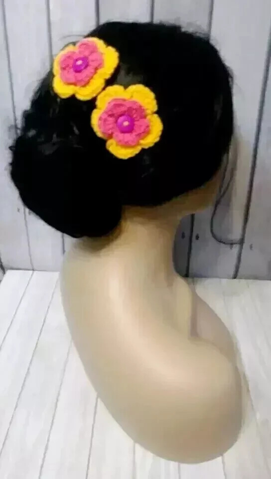 crochet handmade hair clips barrette flower 2.5 inch pink orange set