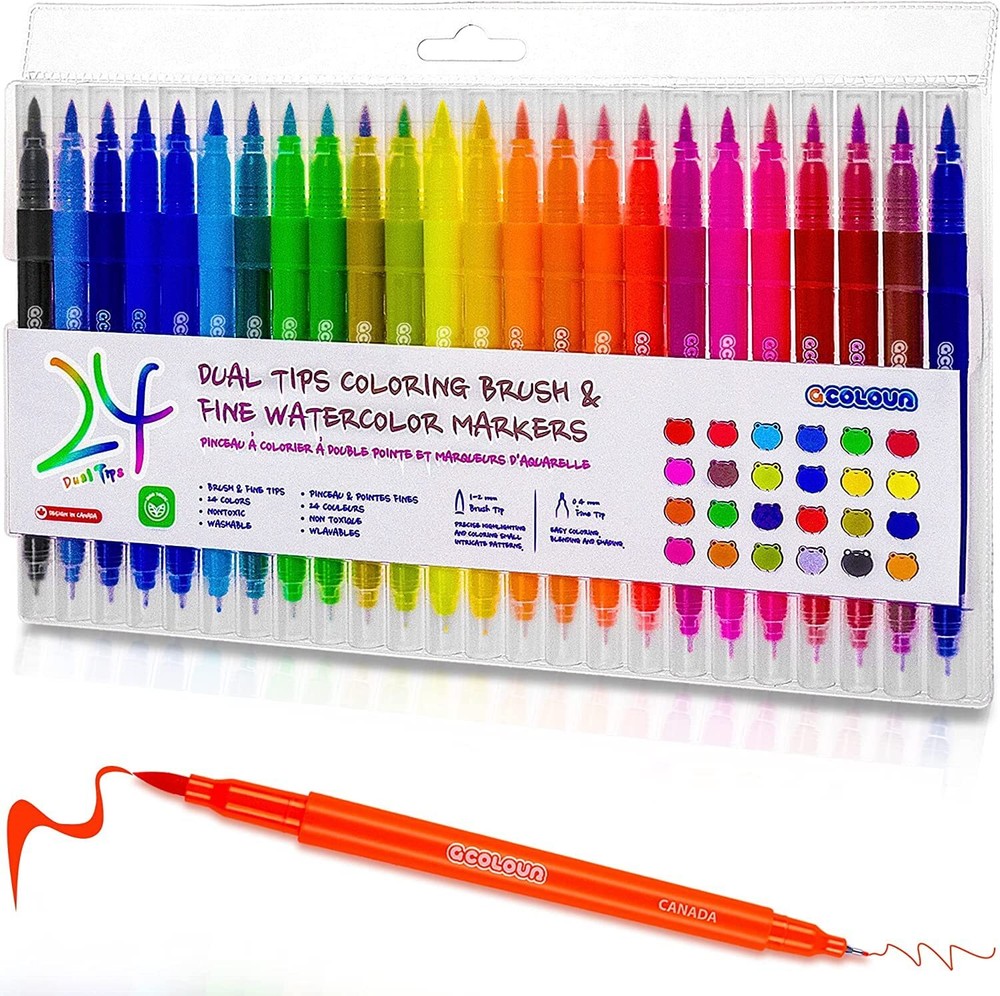 24 Colors Watercolor Paint Markers, Dual Tip Coloring Paint Markers Set Brush...