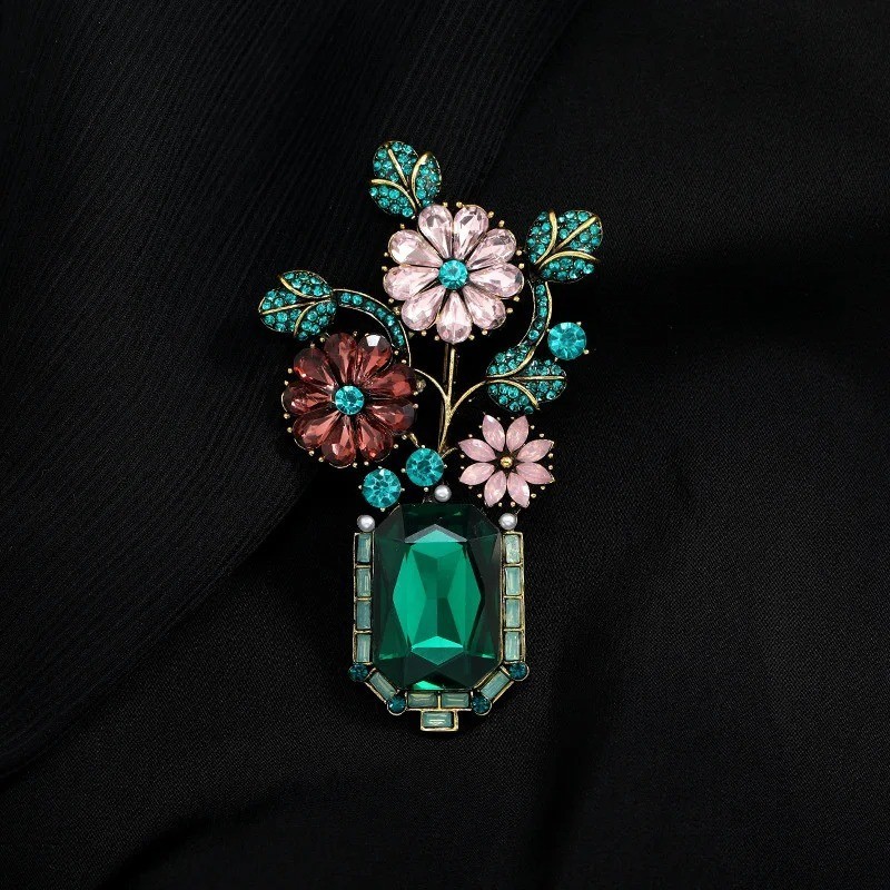 Large Vintage Crystal Rhinestone Flowers in A Green Vase Brooches Pins for Women