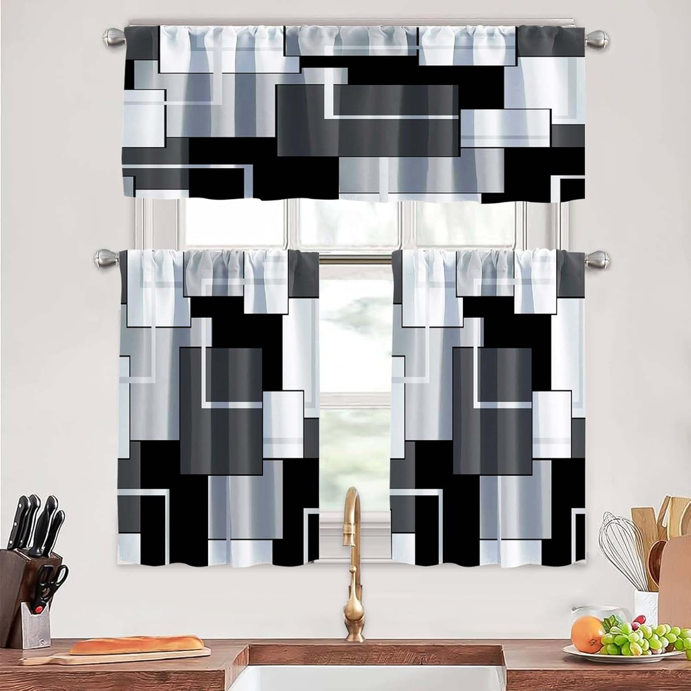 Dark Grey Kitchen Curtains Tiers and Valances Set for Windows, Geometric Modern