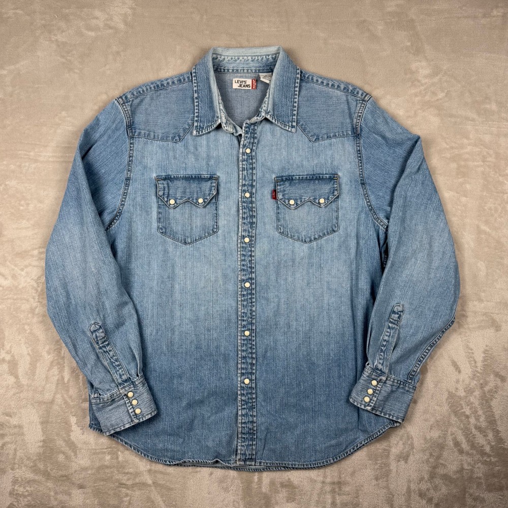 Levi's L Large Pearl Snap Long Sleeve Denim Button Up Blue Shirt Heavy Mens Fade