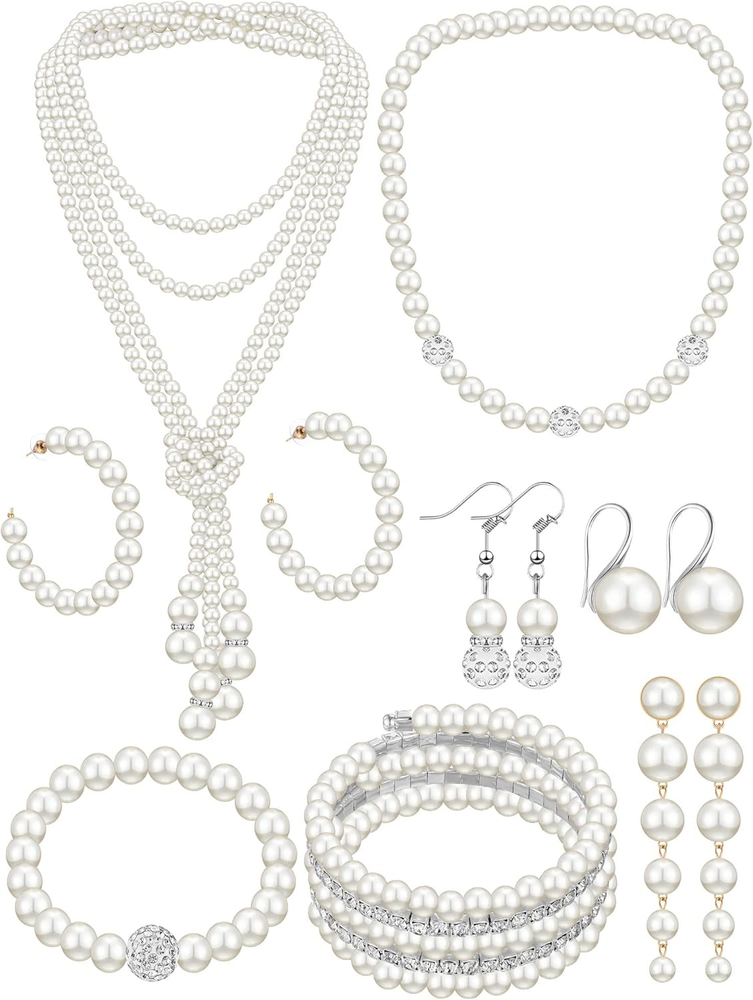 8 Pcs Pearl Necklace and Earrings Set for Women Pearl Jewelry Set Faux Pearl Nec