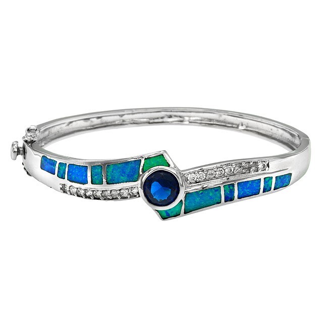 Treated Sapphire & Australian Opal Inlay 925 Silver Bangle Bracelet ,OB3