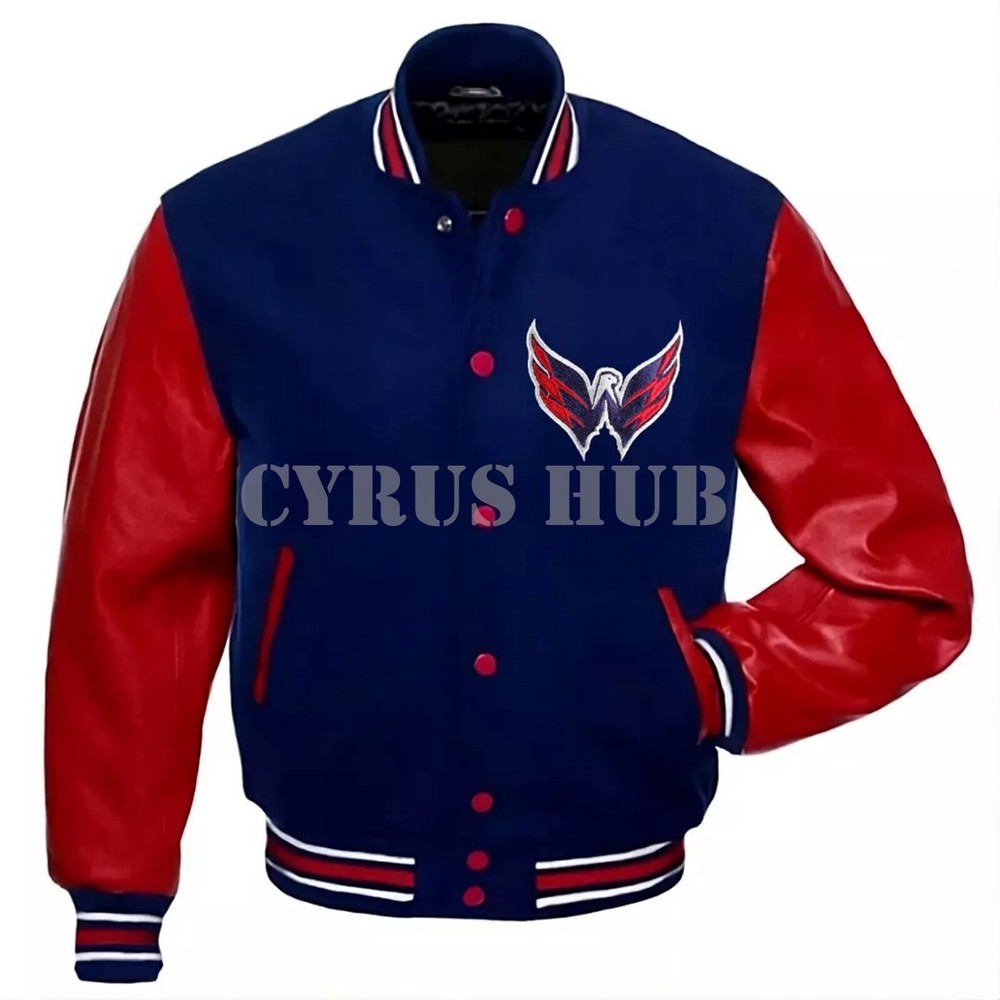 New Washington Capitals Varsity Jacket - Navy & Red Wool with Leather Sleeves