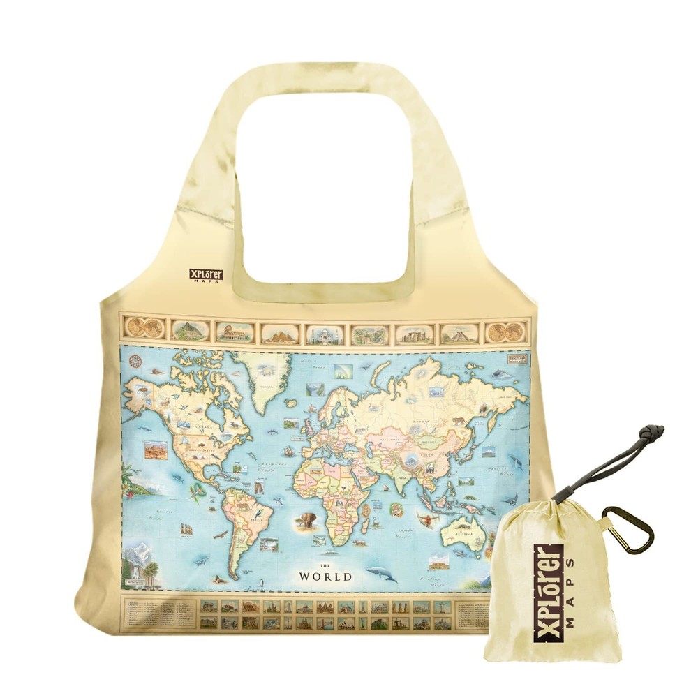 World Map Nylon Pouch Tote Bag with Handles - Reusable Eco-friendly Shopping ...