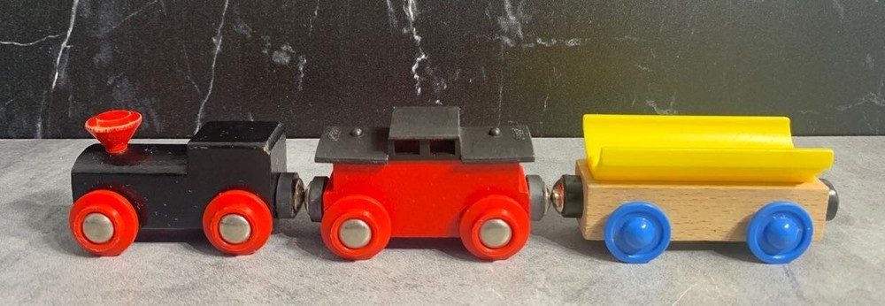 Vintage Wooden Train Set with Magnet Connectors - Wood, Plastic & Metal Pieces  