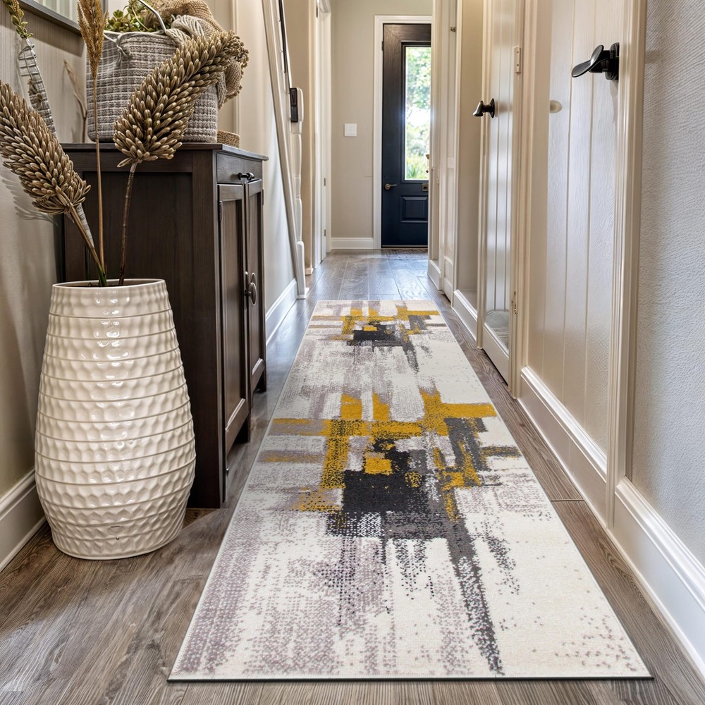 Modern Abstract Gold Runner Rug 2.7x10 Feet for Contemporary Spaces