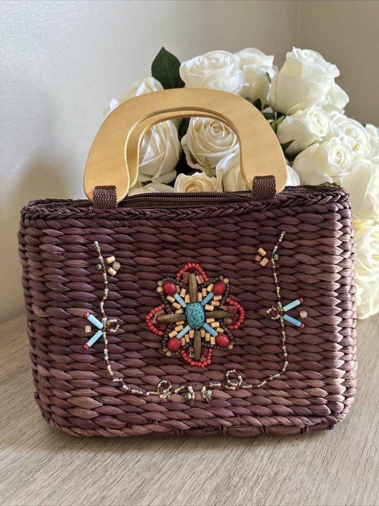 Boho Straw Beaded Beach Purse Bag Wood Handle Brown 11”x8” By White Stag