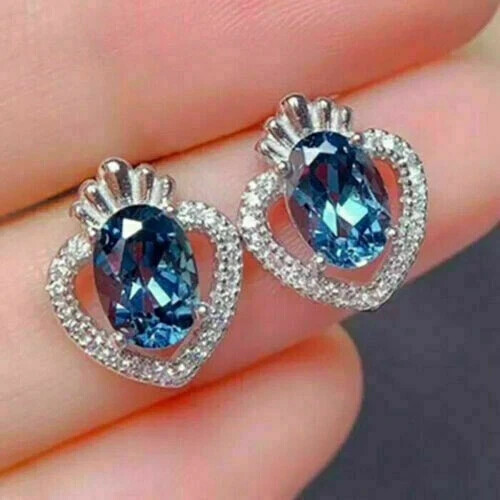 2.00Ct Oval Natural London Blue Topaz Stud Earrings 14K White Gold Silver Plated