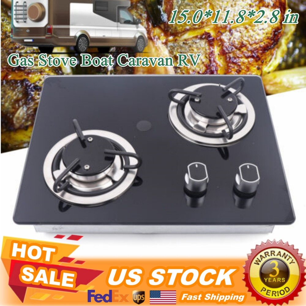 RV Cooktop Stove 2 Burner Drop-in RV Gas Stove with Tempered Glass Panel Picnics