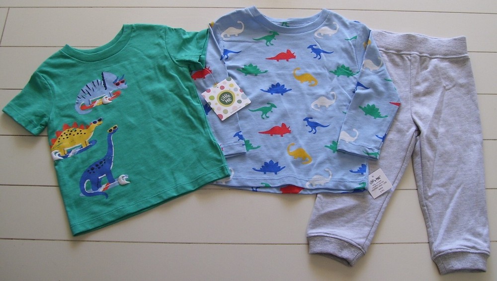 Boys Little Me 3 Pc Dinosaur SS Shirt LS Shirt and Gray Sweatpants Outfit 18M