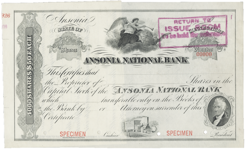 Asonia National Bank. Stock Certificate