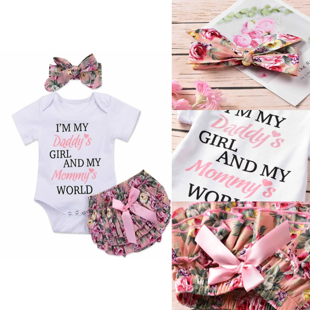 3PCS Newborn Baby Girl Clothing Outfits Set Top Shorts Bow Headband Bodysuit Set