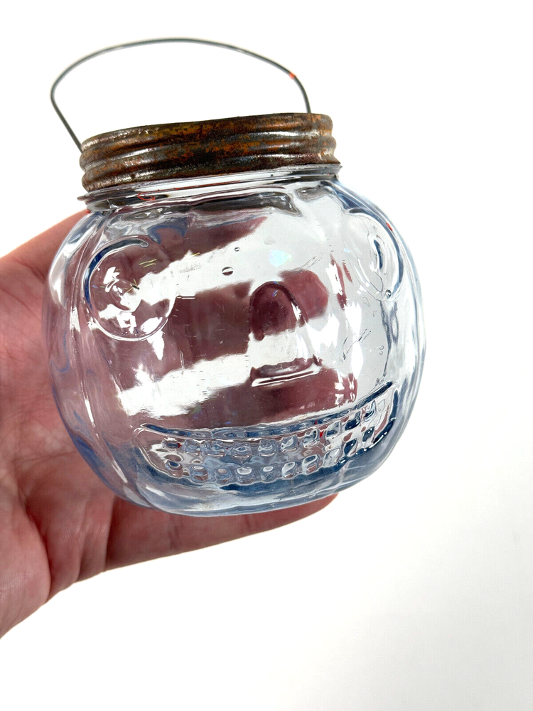 Antique 20s Halloween RARE pumpkin head glass candy jar container JOL