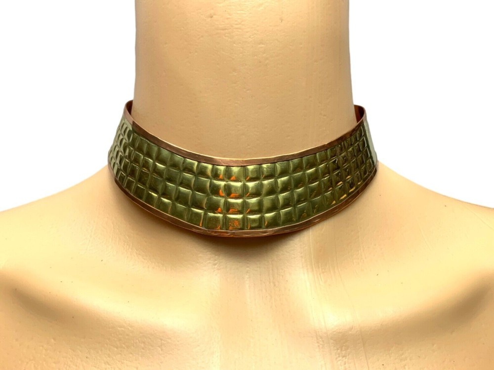 Stamped Grid Choker, Copper & Brass, 5” Circumference, Vintage