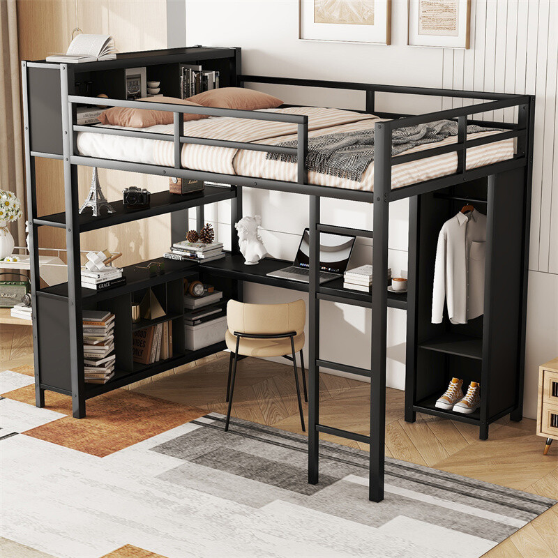 Full Size Loft Bed with L-Shaped Desk Wardrobe and Storage Shelf for Teens and Adults-image