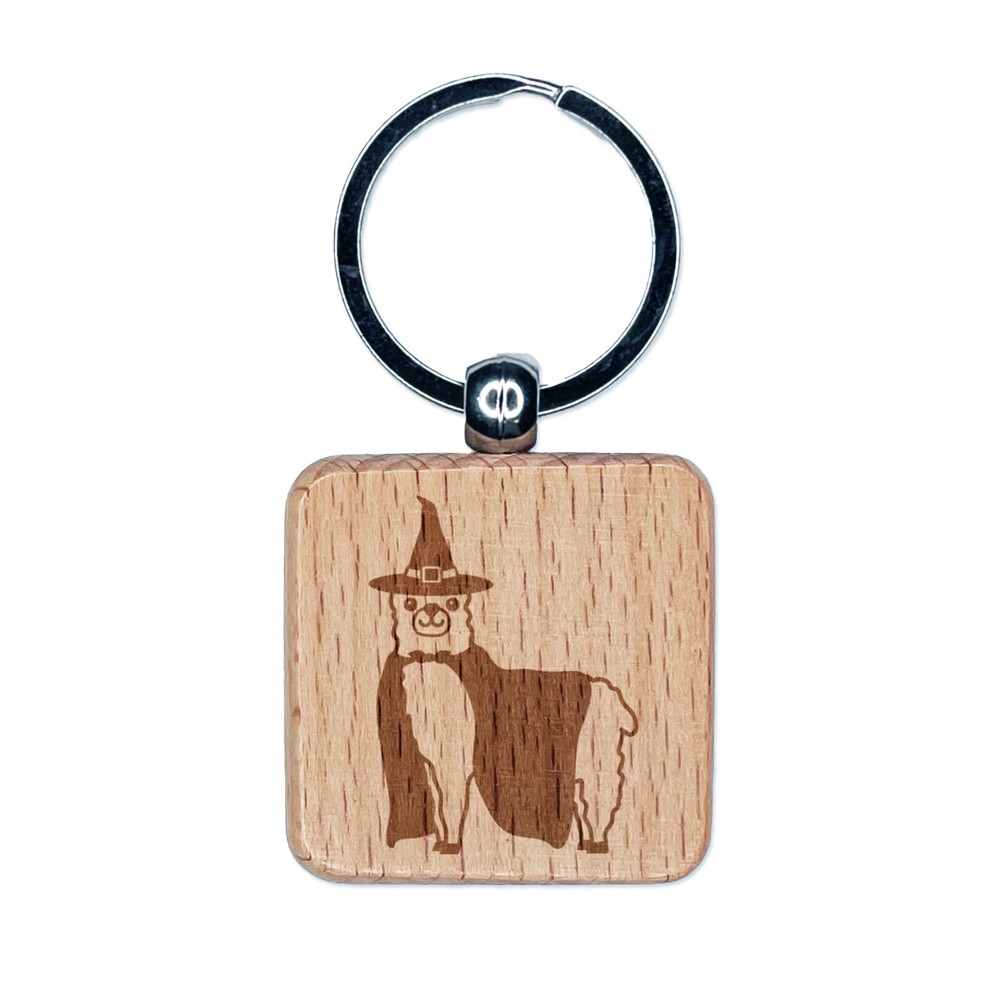 Halloween Llama Alpaca Witch Wood Engraved Keychain Charm Tag