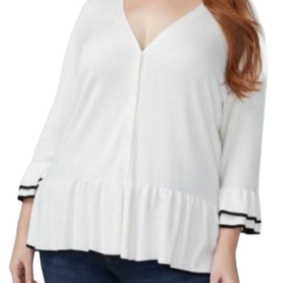 Suéter cárdigan Lane Bryant para mujer 14/16 blanco con botones delanteros con volantes dobladillo