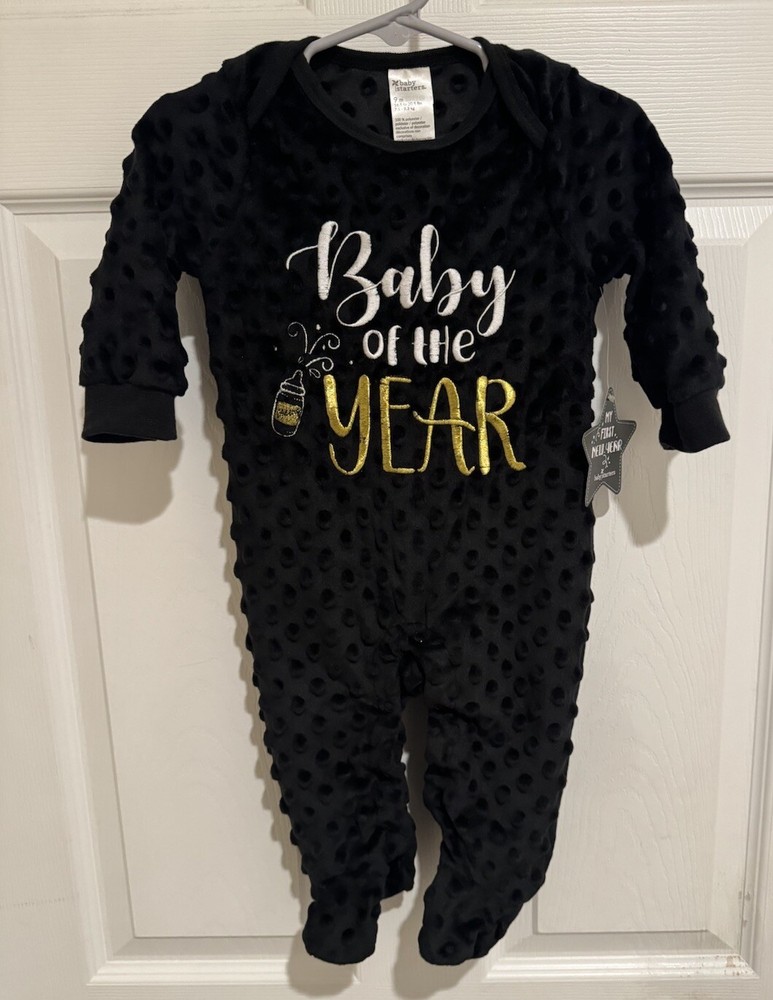 New Years Day Infant Outfit 9M, Baby Of The Year Black Footed One Piece Outfit-image