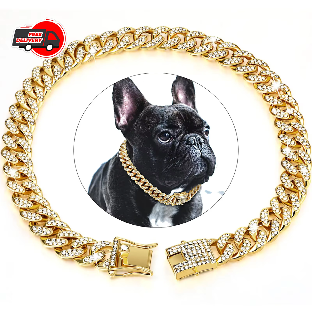 Dog Diamond Cuban Chain Collar Metal Pet Necklace w/ Secure Buckle Cat Jewelry