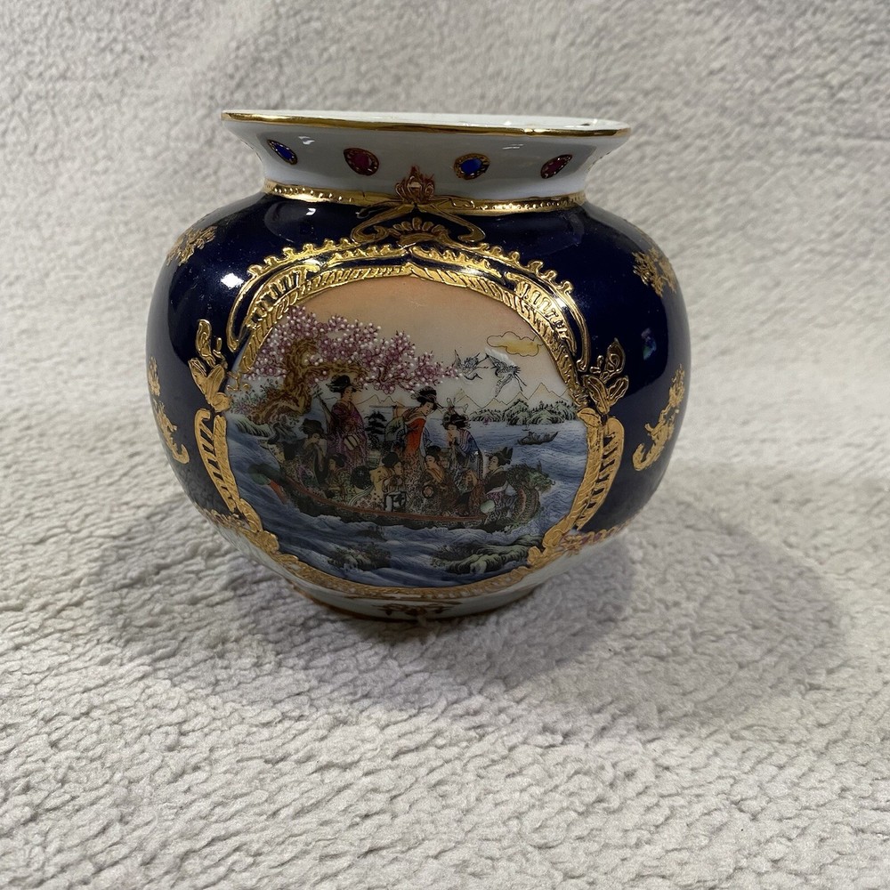 Limoges Porcelain Cobalt Blue Gold Gilt Vase Geisha On Boat Water Scene