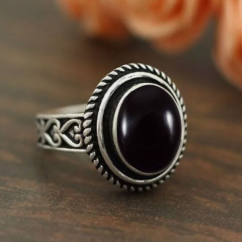 925 Handmade Solid Silver Ring Black Onyx Cabochon Rings Natural Gemstone